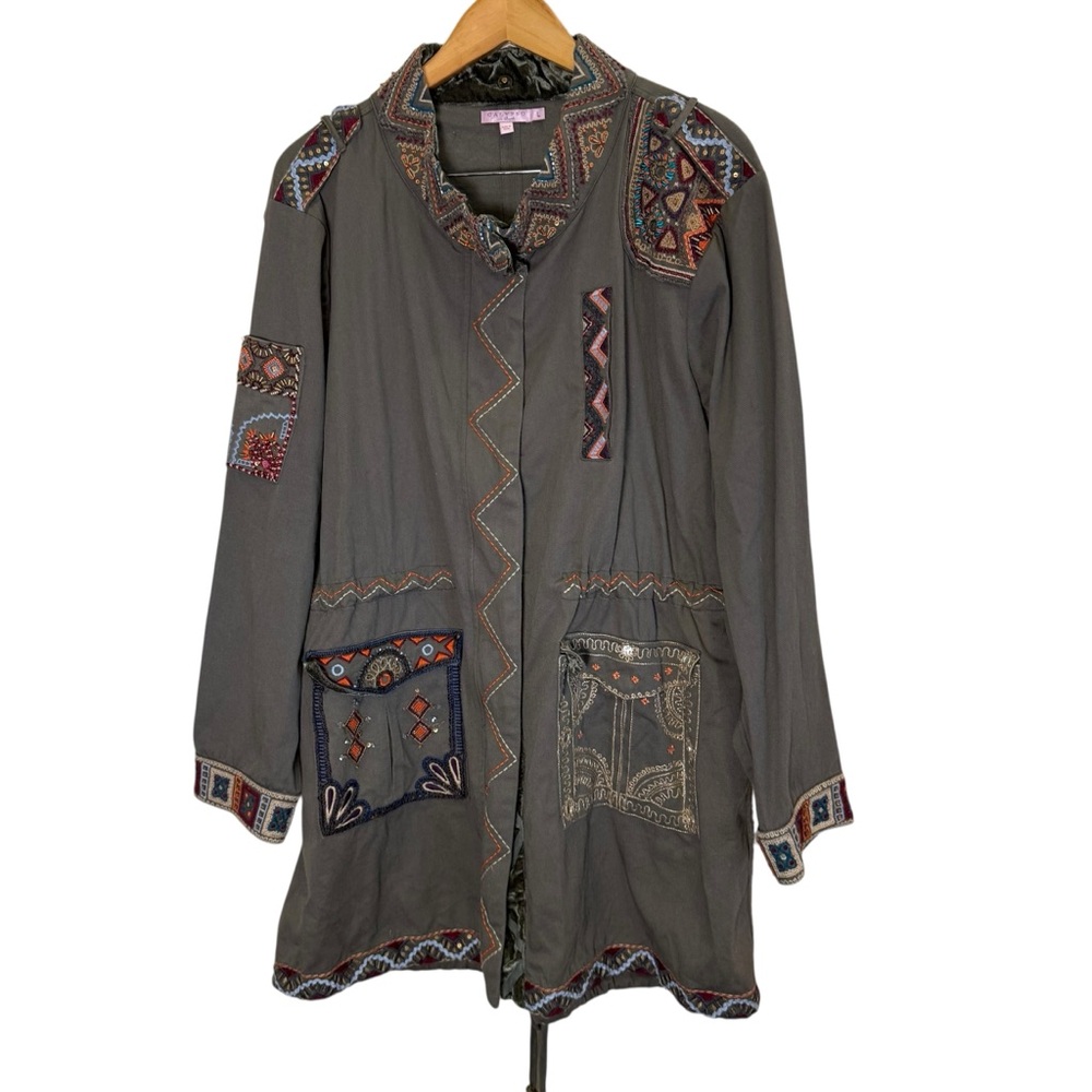 Calypso St. Barth Women’s Olive Green Embroidered Beaded Utility Jacket sz L